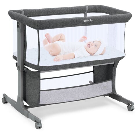 Lit Bébé Cododo 3 en 1,Lit Parapluie à 10 kg,Hauteur Réglable 7 Niveaux,avec Matelas,Côté Repliable,Maille Respirante - Gris Foncé