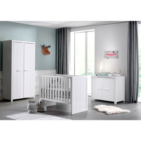 Lit bébé + commode + armoire 2 portes en pin blanc - VICKY