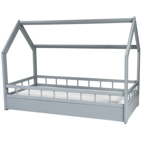 Lit bébé en bois - lit cabane - matelas ECO inclus - 160x80 - avec barrières - gris