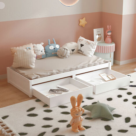 Lit bébé en bois massif 90x200cm avec 2 tiroirs et sommier à lattes Lit simple moderne en bois avec sommier blanc