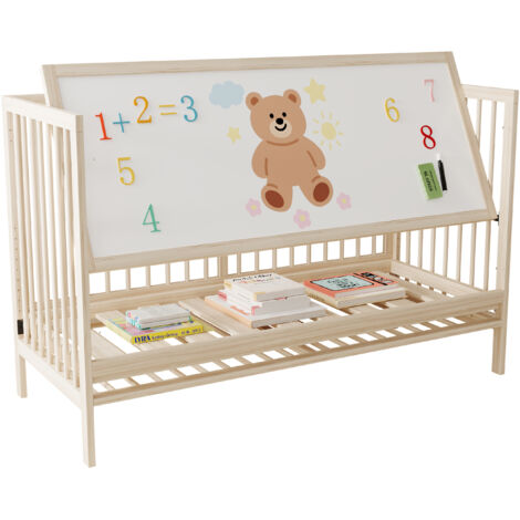Lit bébé en bois massif naturel 140x60x90 cm – transformable en lit d’appoint/chevalet/table, hauteur réglable