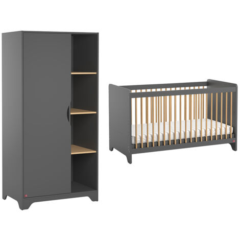 Lit bébé et Armoire 1 porte Vox Leaf Gris et bois