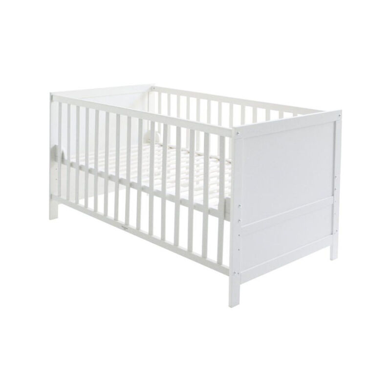 Lit Bébé Évolutif 70x140 - Réglable en Hauteur - 3 Barreaux Amovibles - Coins de Transformation Inclus - Bois Blanc - Roba