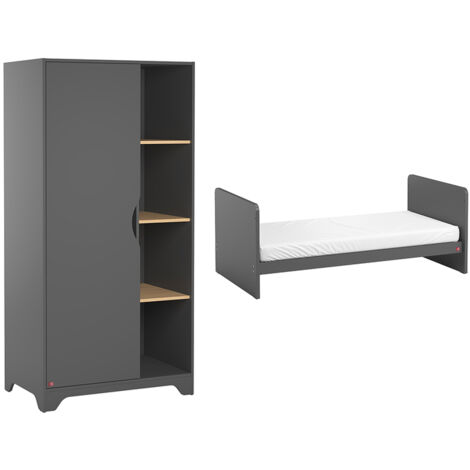 Lit bébé évolutif et Armoire 1 porte Vox Leaf Gris et bois