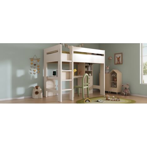 Lit bébé/haut avec bureau en L, étagères, tiroirs et charge USB/Type-C. Lit individuel adolescents avec échelle et sommier bois, 90×200 cm, blanc, pas de matelas.