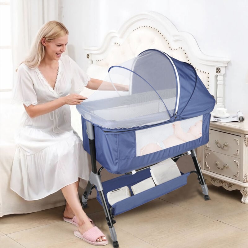 Lit Bébé jusqu'à 9 kg, Cododo Bébé, Réglage de la Hauteur 4 Hauteurs, Inclinaison, 4 Roulettes avec Freins, Ergonomique, Bleu