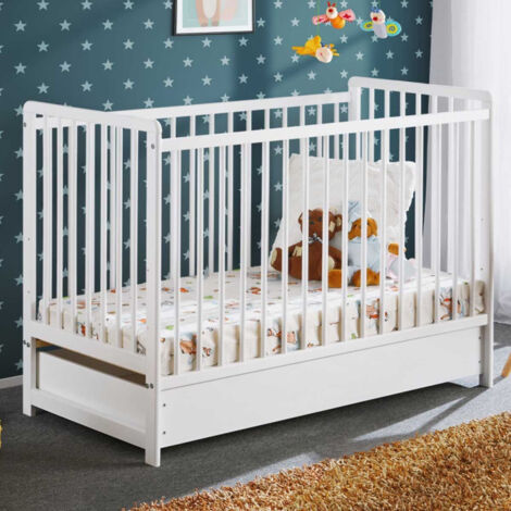 Lit Bébé, Matelas & Tiroir de Lit "Cypi" 60x120cm Blanc