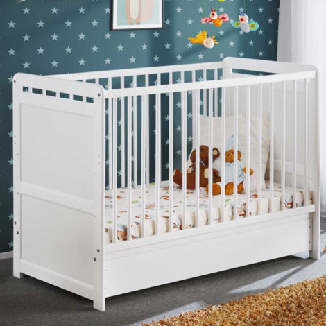 Lit Bébé, Matelas & Tiroir de Lit "Tymek" 124cm Blanc