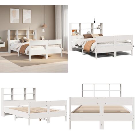 Lit bibliothèque sans matelas blanc 140x190 cm bois pin massif - Lit avec rangement - Lit en bois