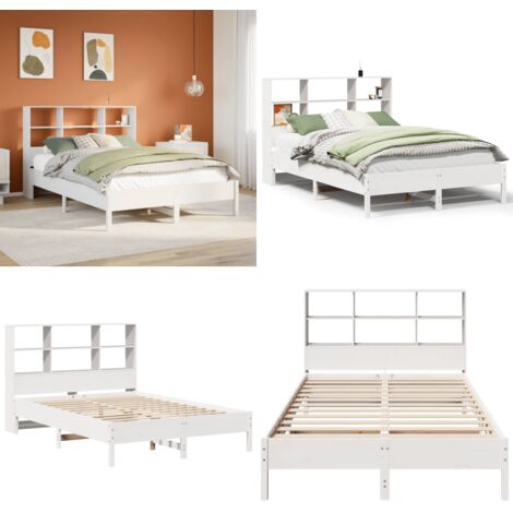 Lit bibliothèque sans matelas blanc 140x190 cm bois pin massif - Lit avec rangement - Sommier à lattes