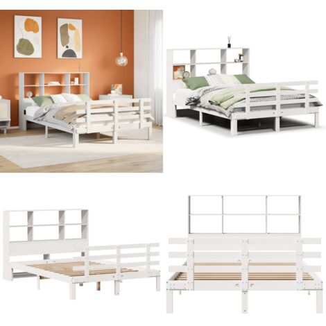 Lit bibliothèque sans matelas blanc 140x200 cm bois pin massif - Lits avec rangement - Lits en bois