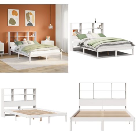 Lit bibliothèque sans matelas blanc 140x200 cm bois pin massif - Lits avec rangement - Lits en bois