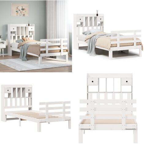 Lit bibliothèque sans matelas blanc 90x190cm bois de pin massif - Bois de pin - Sommier à lattes