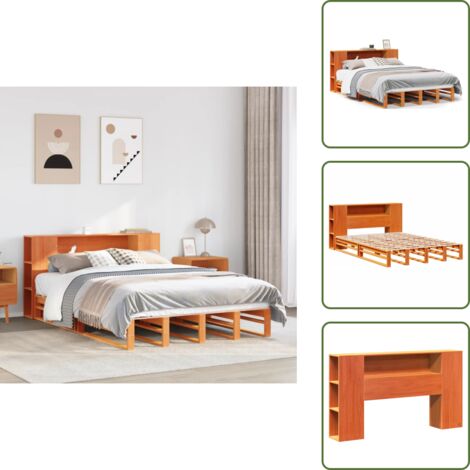 Lit bibliothèque sans matelas cire marron 140x200cm bois massif - Lit Bibliothèque - Lits Bibliothèque - Lit - Lit Double