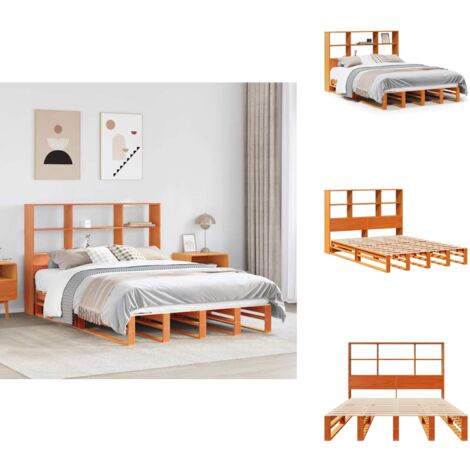 Lit bibliothèque sans matelas cire marron 140x200cm bois massif - Lit Bibliothèque - Lits Bibliothèque - Lit - Lit Double