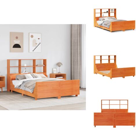 Lit bibliothèque sans matelas cire marron 150x200cm bois massif - Lit Bibliothèque - Lits Bibliothèque - Lit - Lit Double
