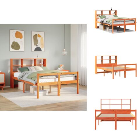 Lit bibliothèque sans matelas cire marron 150x200cm bois massif - Lit Bibliothèque - Lits Bibliothèque - Lit - Lit Double