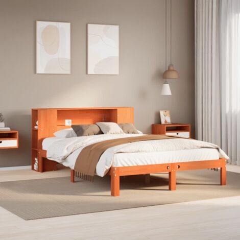 Lit bibliothèque sans matelas-Lit Adulte avec rangements cire marron 140x190 cm pin massif 967062