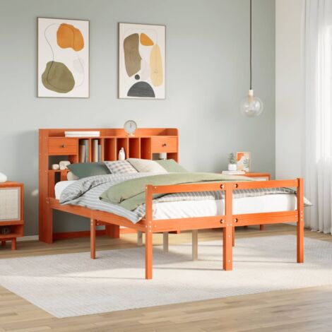 Lit bibliothèque sans matelas-Lit Adulte avec rangements cire marron 160x200 cm pin massif 115578