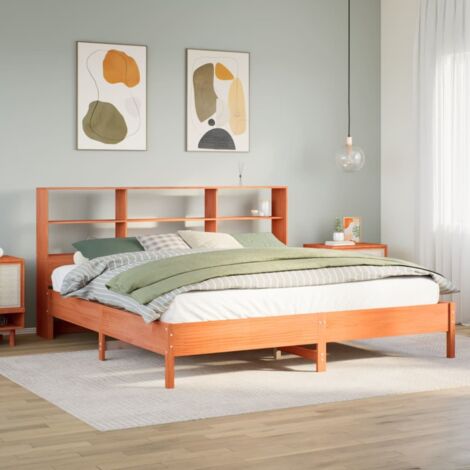 Lit bibliothèque sans matelas-Lit Adulte avec rangements cire marron 200x200 cm pin massif 464326