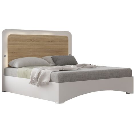 Lit blanc brillant et bois naturel mat avec Led Dova-160x200