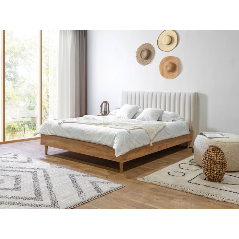 Bobochic - Lit 160x200 cm oceane avec lattes massives tissu effet velours Beige