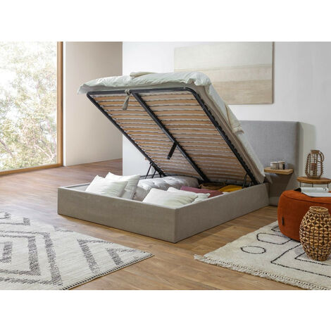 Lit BOBOCHIC - Lit coffre BLANDINE tissu texturé avec tablettes chevets  160x200 Gris clair