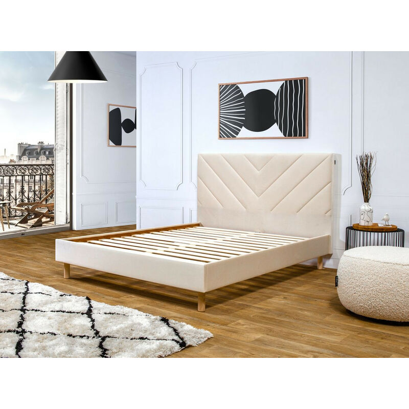 Bobochic - Lit romane avec lattes massives tissu velours 140x190 Beige