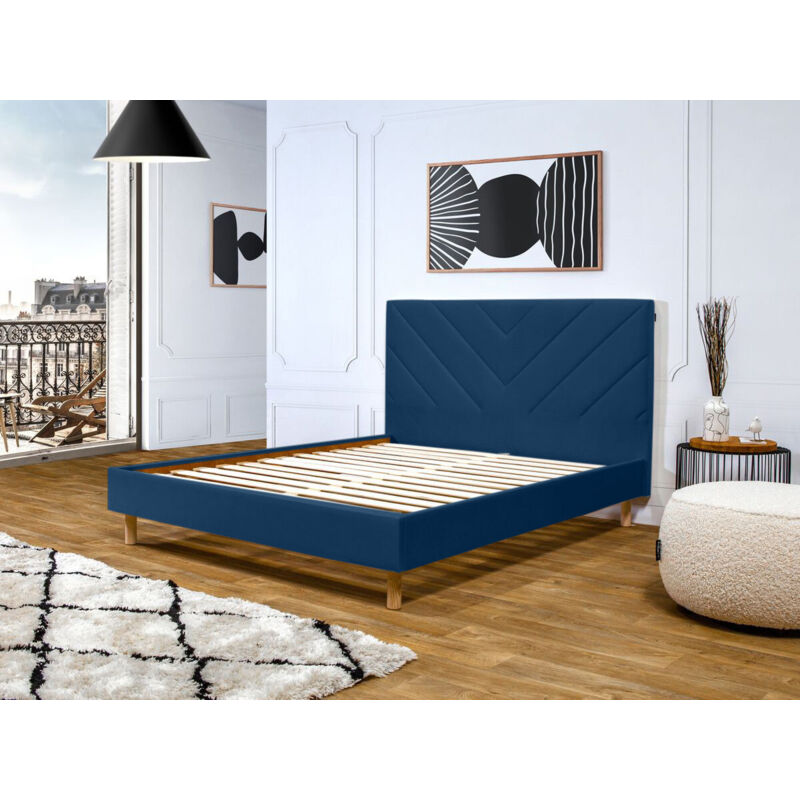 Bobochic - Lit romane avec lattes massives tissu velours 180x200 Bleu foncé