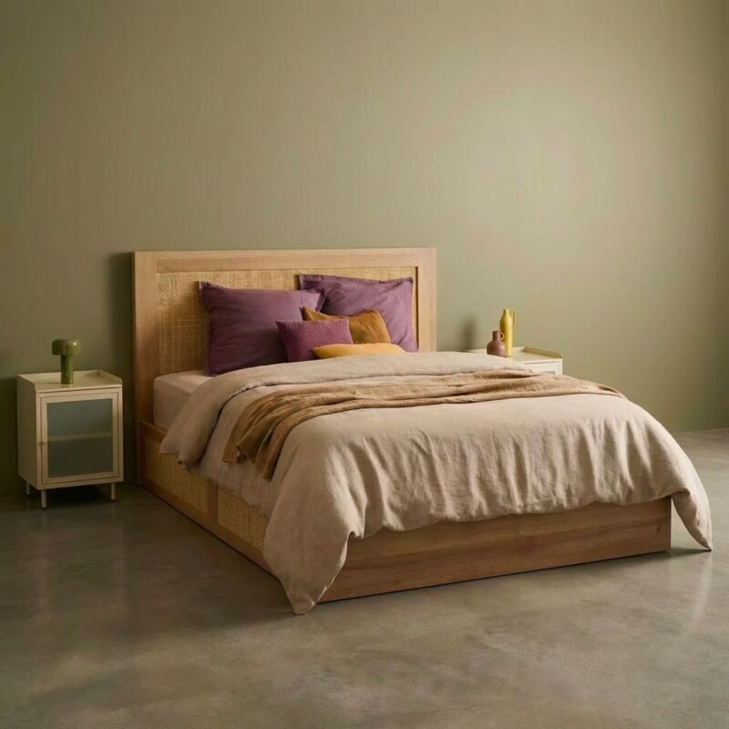 Lit bohème avec sommier à lattes et tête de lit 140 x 190cm + 4 tiroirs décor bois et cannage naturel - Bohème