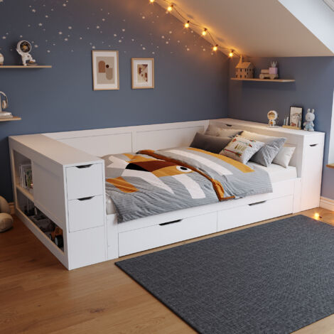 Lit bois enfant 140x200cm multifonction tiroirs étagères tables de chevet,adapté adolescents sans matelas blanc.