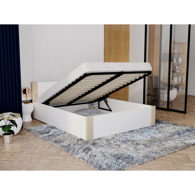 Kids Literie - Lit boston 140x190 + coffre - Sommier inclus Pin - blanc