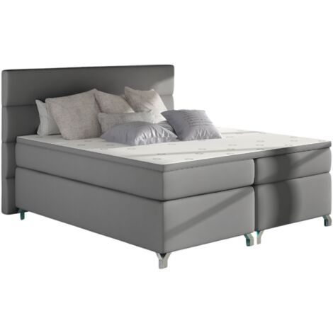 Lit boxspring 160x200 simili cuir gris clair Mador