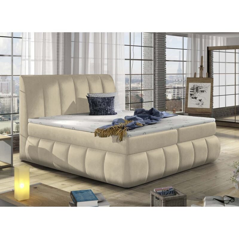 Deco In Paris - valeria - Lit boxspring 180x200 avec coffre de rangement en velours beige - valeria