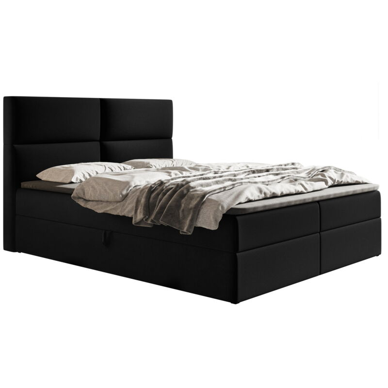 Coral Lit boxspring avec Matelas - Lit 140x200 cm, lit adulte avec rangement, Surmatelas, Tissu Velours Noir (Jasmine 100)