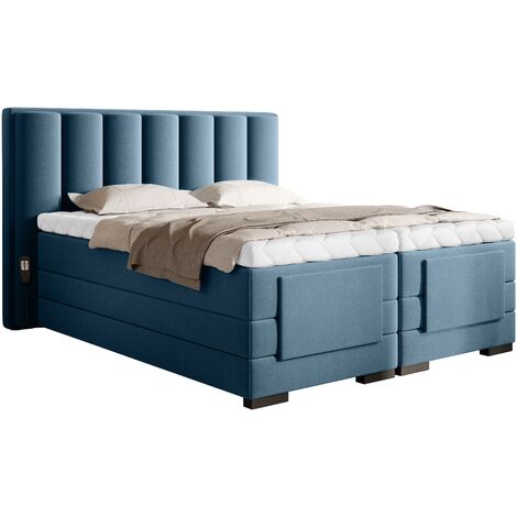 Lit boxspring électrique tissu bleu canard avec matelas et surmatelas Arkos-140x200