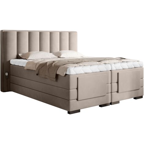 Lit boxspring électrique velours beige avec matelas et surmatelas Arkos
