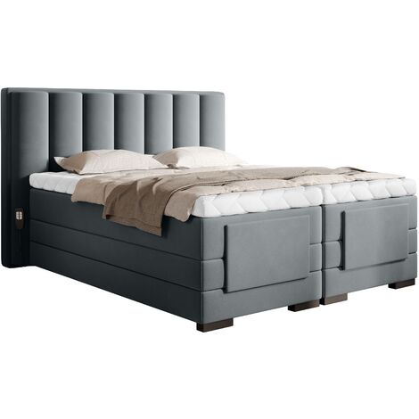 Lit boxspring électrique velours gris avec matelas et surmatelas Arkos