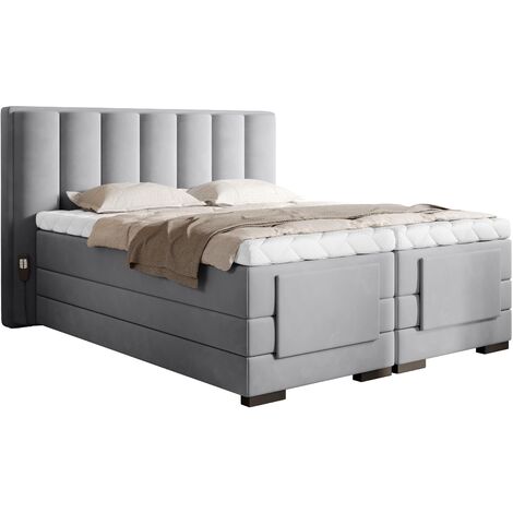 Lit boxspring électrique velours gris souris avec matelas et surmatelas Arkos-90x200