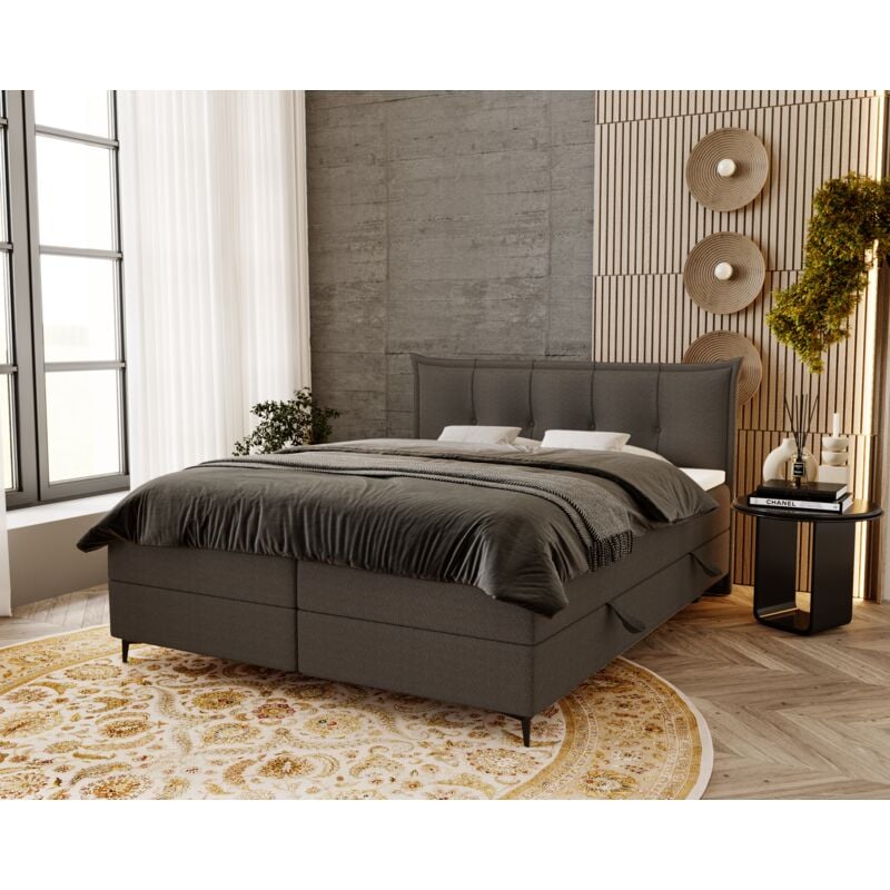 Emporius - Lit boxspring 200x200 Liron - Lit double matelas Bonell, sommier, topper, tissu bouclé - Gris foncé (Anthology 18)
