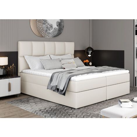 Lit boxspring simili cuir créme avec matelas et surmatelas Lizen-140x200