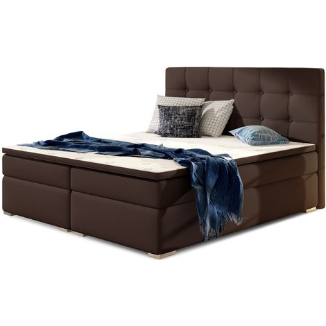 Lit boxspring simili cuir marron avec matelas et surmatelas Kavin-180x200