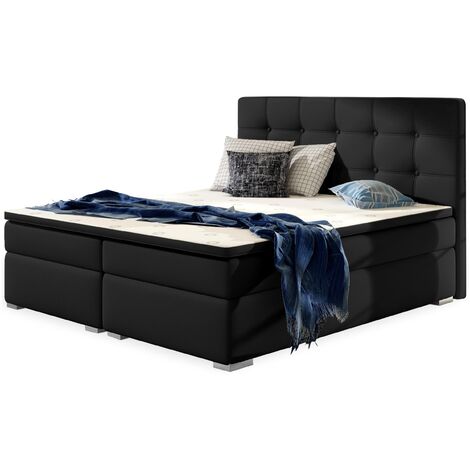 Lit boxspring simili cuir noir avec matelas et surmatelas Kavin-180x200