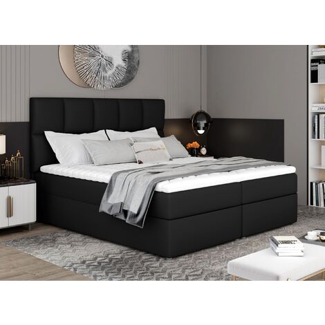 Lit boxspring simili cuir noir avec matelas et surmatelas Lizen-140x200