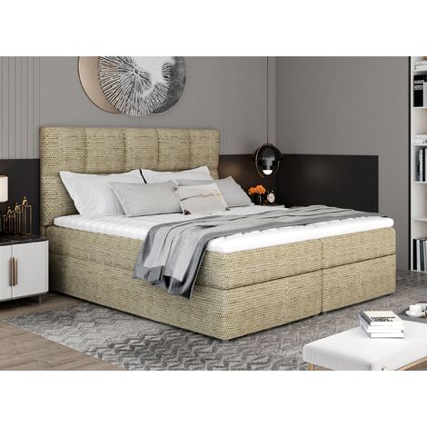 Lit boxspring tissu beige chiné avec matelas et surmatelas Lizen-160x200