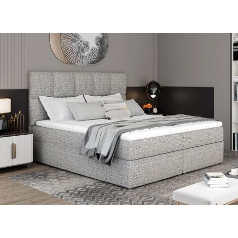 Lit boxspring tissu gris clair chiné avec matelas et surmatelas Lizen-180x200