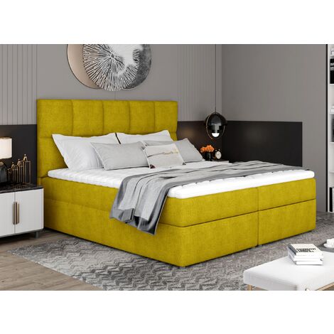 Lit boxspring tissu jaune avec matelas et surmatelas Lizen-160x200