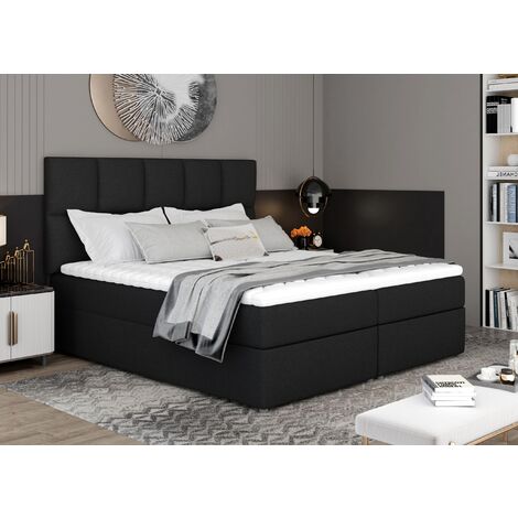Lit boxspring tissu noir avec matelas et surmatelas Lizen-180x200