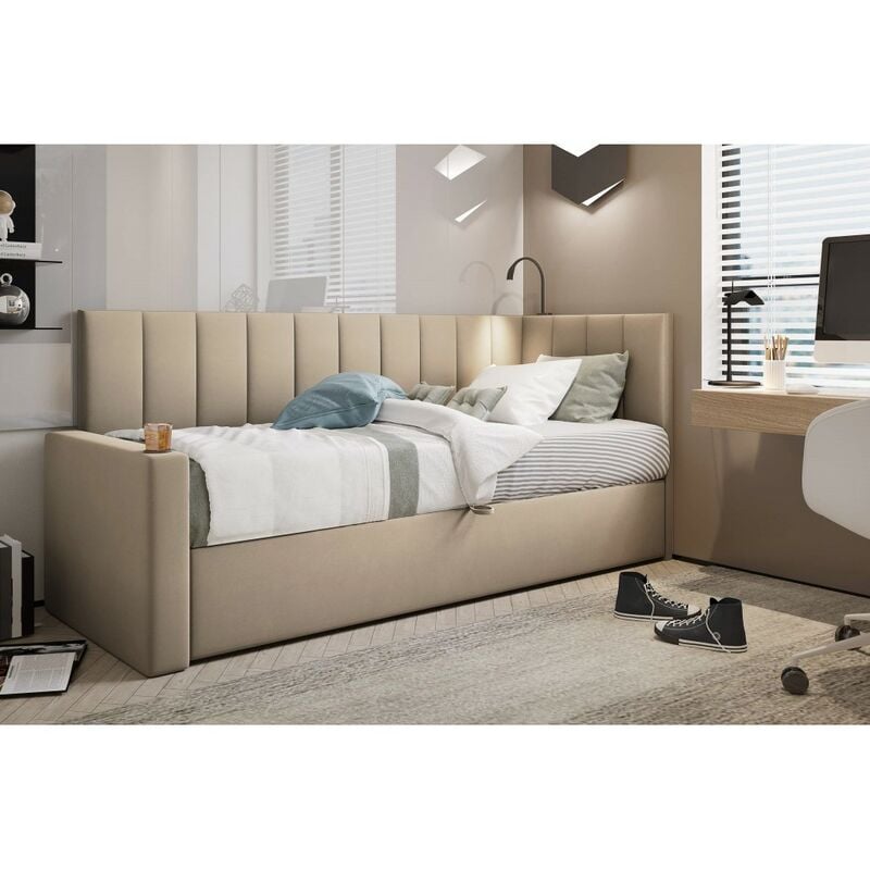 Lit Boxspring 80x200 cm tokio en tissu velours beige avec coffre et éclairage led - droit