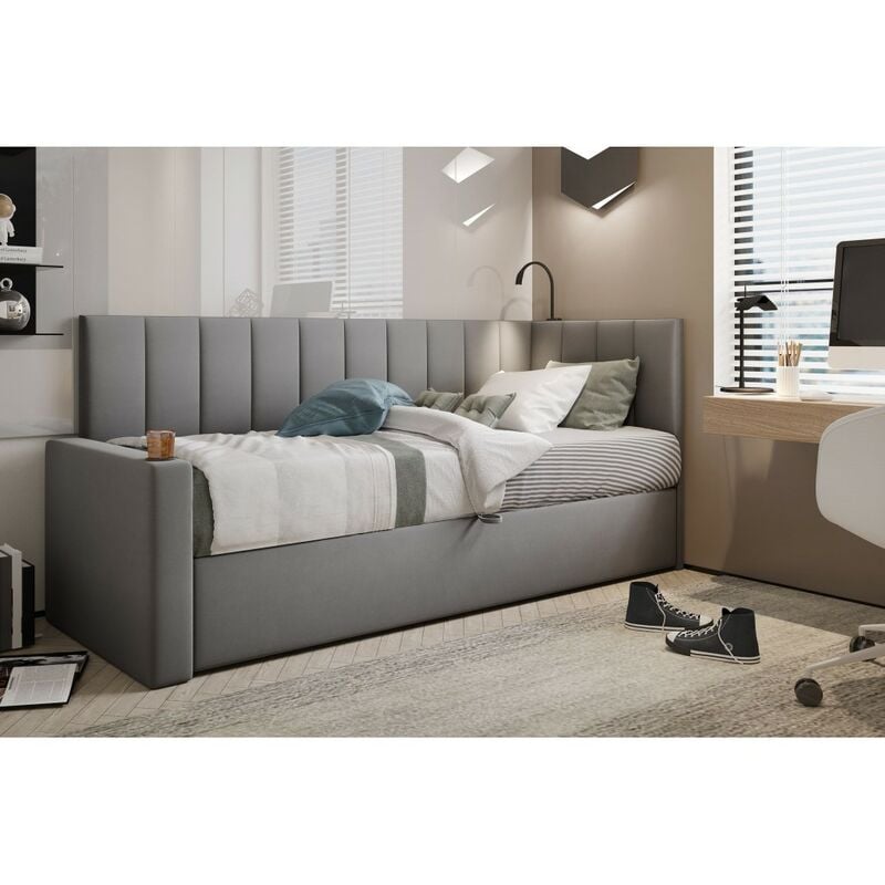 Lit Boxspring 80x200 cm tokio en tissu velours gris avec coffre et éclairage led - gauche